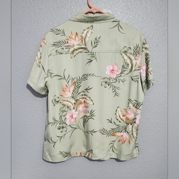 Island Traders Green Floral Tropical Women's Short Sleeve Button Blouse Size L - Picture 8 of 11